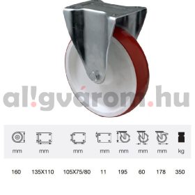   FPPU 1603 2100, Fix kerék, Poluretán futófelülettel, horganyzott villába szerelve, 160 mm, 300 kg teherbírás, talpas felfogatás