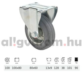   FPSG 1001 2000 L, Fix kerék, szürke (nyommentes) gumi futófelület, 100 mm, 90 kg teherbírás, talpas felfogatás