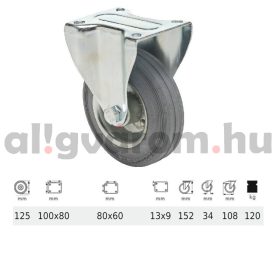   FPSG 1251 2000 L, Fix kerék, szürke (nyommentes) gumi futófelület, 125 mm, 120 kg teherbírás, talpas felfogatás