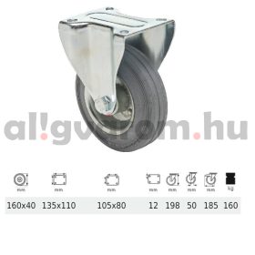   FPSG 1603 2000 W, Fix kerék, szürke (nyommentes) gumi futófelület, 160 mm, 160 kg teherbírás, talpas felfogatás