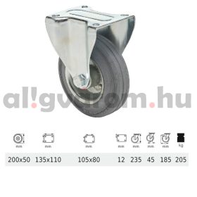   FPSG 2003 2000 W, Fix kerék, szürke (nyommentes) gumi futófelület, 200 mm, 205 kg teherbírás, talpas felfogatás