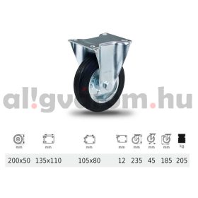   FPSM 2003 2000 W, Fix kerék, fekete gumi futófelület, 200 mm, 205 kg teherbírás, talpas felfogatás