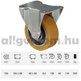   FTAU 1002 6150, Fix kerék, Poluretán futófelülettel, horganyzott villába szerelve, 100 mm, 200 kg teherbírás, talpas felfogatás