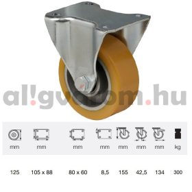   FTAU 1252 6150, Fix kerék, Poluretán futófelülettel, horganyzott villába szerelve, 125 mm, 250 kg teherbírás, talpas felfogatás
