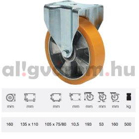   FTAU 1603 6440, Fix kerék, Poluretán futófelülettel, horganyzott villába szerelve, 160 mm, 500 kg teherbírás, talpas felfogatás
