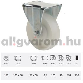   FTPN 1002 5100, Fix kerék, (poliamid) műanyag futófelület, horganyzott villába szerelve, 100 mm, 250 kg teherbírás, talpas felfogatás