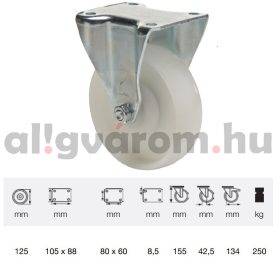  FTPN 1252 5100, Fix kerék, (poliamid) műanyag futófelület, horganyzott villába szerelve, 125 mm, 250 kg teherbírás, talpas felfogatás