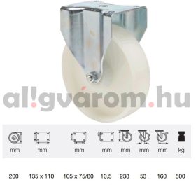   FTPN 1603 6100, Fix kerék, (poliamid) műanyag futófelület, horganyzott villába szerelve, 160 mm, 500 kg teherbírás, talpas felfogatás