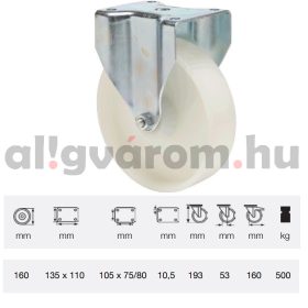   FTPN 2003 6100, Fix kerék, (poliamid) műanyag futófelület, horganyzott villába szerelve, 200 mm, 500 kg teherbírás, talpas felfogatás