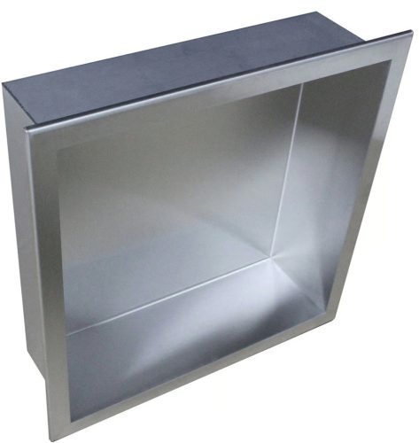 Beépíthető fürdőszobai polc szálcsiszolt 300 x 300 mm, szegéllyel ellátott, rozsdamentes acél lemezből