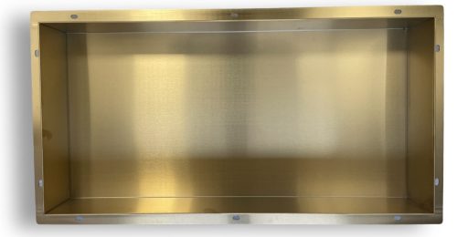 Beépíthető fürdőszobai polc arany színben 300 x 600 mm, körbe burkolható azaz keret nélküli rozsdamentes acél lemezből