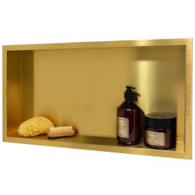   Beépíthető fürdőszobai polc arany színben 300 x 600 mm, szegéllyel ellátott, rozsdamentes acél lemezből