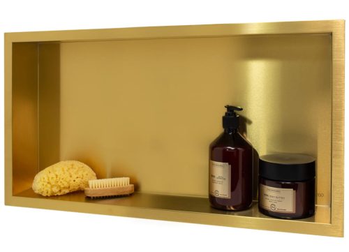 Beépíthető fürdőszobai polc arany színben 300 x 600 mm, szegéllyel ellátott, rozsdamentes acél lemezből