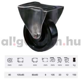   FXFL 0801 1000, Hőálló (+280oC-ig) Fix kerék, rozsdamentes villába szerelve, fenolgyantával kevert futófelület, 100 mm, 150 kg teherbírás, talpas felfogatás