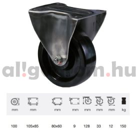   FXFL 1001 1000, Hőálló (+280oC-ig) Fix kerék, rozsdamentes villába szerelve, fenolgyantával kevert futófelület, 100 mm, 150 kg teherbírás, talpas felfogatás