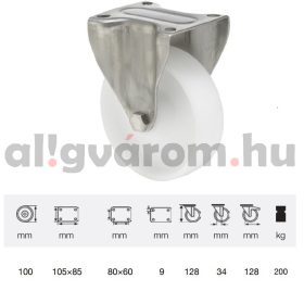   FXPN 1001 1100, Fix kerék, (poliamid) műanyag futófelület, rozsdamentes villába szerelve, 100 mm, 200 kg teherbírás, talpas felfogatás