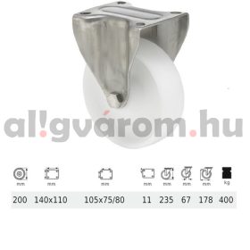   FXPN 2003 1100, Fix kerék, (poliamid) műanyag futófelület, rozsdamentes villába szerelve, 200 mm, 400 kg teherbírás, talpas felfogatás