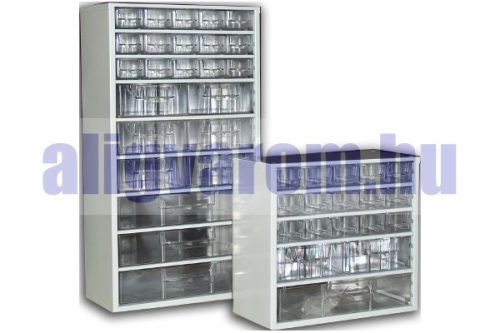 Alkatrész tároló fiókos szekrény szortimenter 30x55 cm 1 nagy 6 közepes és 30 kicsi fiók Hobby box csavar fakk, szerszám játék tartó doboz