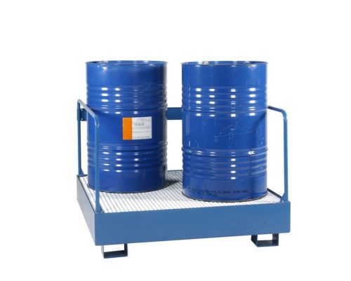 Hordótároló állvány és kármentő tálca 4 hordó számára védőkorláttal