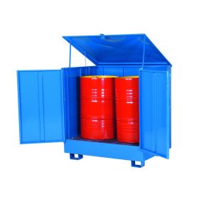   Zárható hordótároló láda és állvány és kármentő tálca két hordó számára 