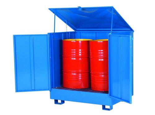 Zárható hordótároló láda és állvány és kármentő tálca két hordó számára 