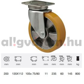   JBAU 2003 6440, Nagy teherbírású forgó kerék, poliuretán futófelület, horganyzott villába szerelve, 200 mm, 800 kg teherbírás,