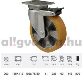   JBAU 2003 6440/B, Nagy teherbírású forgó-fékes kerék, poliuretán futófelület, horganyzott villába szerelve, 200 mm, 800 kg teherbírás,