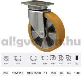   JBAU 2503 6550, Nagy teherbírású fix kerék, poliuretán futófelület, horganyzott villába szerelve, 250 mm, 1000 kg teherbírás,