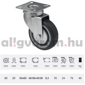   JDPE 0501 1001, Forgó kerék, 50 mm, 40 kg teherbírás, talpas felfogatás