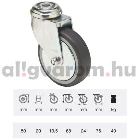   JDPE 0505 1001, Forgó kerék, 50 mm, 40 kg teherbírás, furatos felfogatás