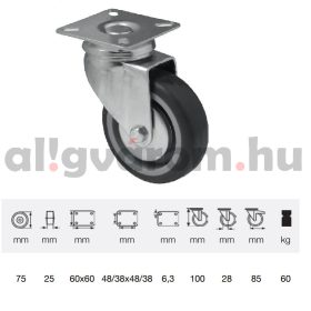   JDPE 0751 1001, Forgó kerék, 75 mm, 60 kg teherbírás, talpas felfogatás