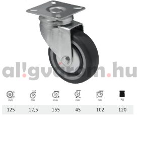   JDPE 1251 1001, Forgó kerék, 125 mm, 120 kg teherbírás, talpas felfogatás