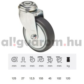   JDPE 1255 1001, Forgó kerék, 125 mm, 120 kg teherbírás, furatos felfogatás