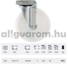   JHPN 2003 6100, Nagy teherbírású forgó kerék, (poliamid) műanyag futófelület, horganyzott villába szerelve, 200 mm, 900 kg teherbírás