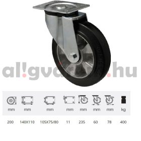   JPAB 2003 6150, Forgó kerék, horganyzott villába szerelve, fekete tömörgumi futófelülettel, 200 mm, 400 kg, talpas felfogatás