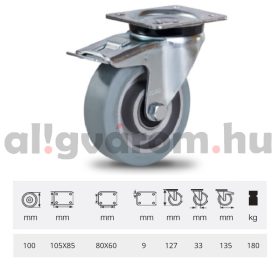   JPAG 1001 6150, Forgó kerék, horganyzott villába szerelve, szürke nyommentes tömörgumi futófelülettel, 100 mm, 180 kg, talpas felfogatás