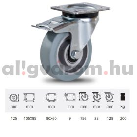   JPAG 1251 6150, Forgó kerék, horganyzott villába szerelve, szürke nyommentes tömörgumi futófelülettel, 125 mm, 200 kg, talpas felfogatás