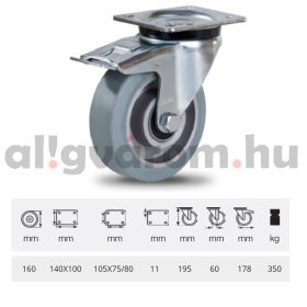   JPAG 1603 6150, Forgó kerék, horganyzott villába szerelve, szürke nyommentes tömörgumi futófelülettel, 160 mm, 350 kg, talpas felfogatás