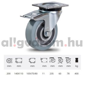   JPAG 2003 6150, Forgó kerék, horganyzott villába szerelve, szürke nyommentes tömörgumi futófelülettel, 200 mm, 400 kg, talpas felfogatás