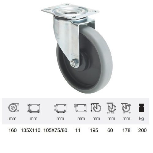 JPPE 1251 5100, Forgó kerék, horganyzott villába szerelve, prémium ECOFORMA tömörgumi futófelület, 125 mm, 150 kg teherbírás, talpas felfogatás