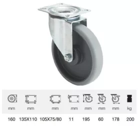   JPPE 1603 5100, Forgó kerék, horganyzott villába szerelve, prémium ECOFORMA tömörgumi futófelület, 160 mm, 200 kg teherbírás, talpas felfogatás
