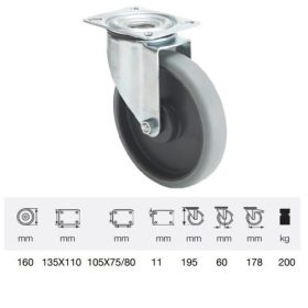   JPPE 1603 5100, Forgó kerék, horganyzott villába szerelve, prémium ECOFORMA tömörgumi futófelület, 160 mm, 200 kg teherbírás, talpas felfogatás
