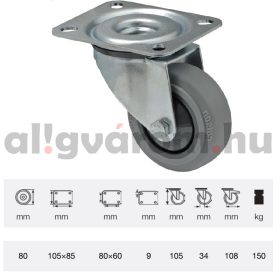   JPPF 0801 5100, Forgó kerék, horganyzott villába szerelve, prémium PERFORMA tömörgumi futófelület, 80 mm, 150 kg teherbírás, talpas felfogatás