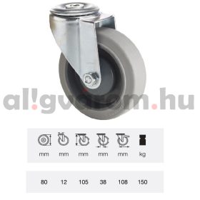   JPPF 0805 5100, Forgó kerék, horganyzott villába szerelve, prémium PERFORMA tömörgumi futófelület, 80 mm, 150 kg teherbírás, furatos felfogatás