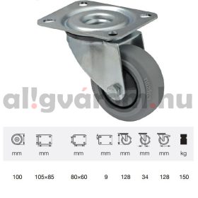   JPPF 1001 5100, Forgó kerék, horganyzott villába szerelve, prémium PERFORMA tömörgumi futófelület, 100 mm, 150 kg teherbírás, talpas felfogatás