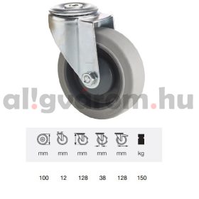   JPPF 1005 5100, Forgó kerék, horganyzott villába szerelve, prémium PERFORMA tömörgumi futófelület, 100 mm, 150 kg teherbírás, furatos felfogatás