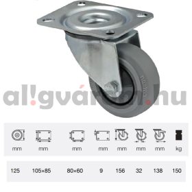   JPPF 1251 5100, Forgó kerék, horganyzott villába szerelve, prémium PERFORMA tömörgumi futófelület, 125 mm, 150 kg teherbírás, talpas felfogatás