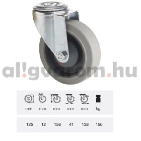   JPPF 1255 5100, Forgó kerék, horganyzott villába szerelve, prémium PERFORMA tömörgumi futófelület, 125 mm, 150 kg teherbírás, furatos felfogatás