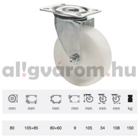   JPPN 0801 1100, Forgó kerék, (poliamid) műanyag futófelület, horganyzott villába szerelve, 80 mm, 150 kg teherbírás, talpas felfogatás
