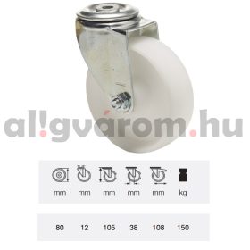   JPPN 0805 1100, Forgó kerék, (poliamid) műanyag futófelület, horganyzott villába szerelve, 80 mm, 150 kg teherbírás, furatos felfogatás